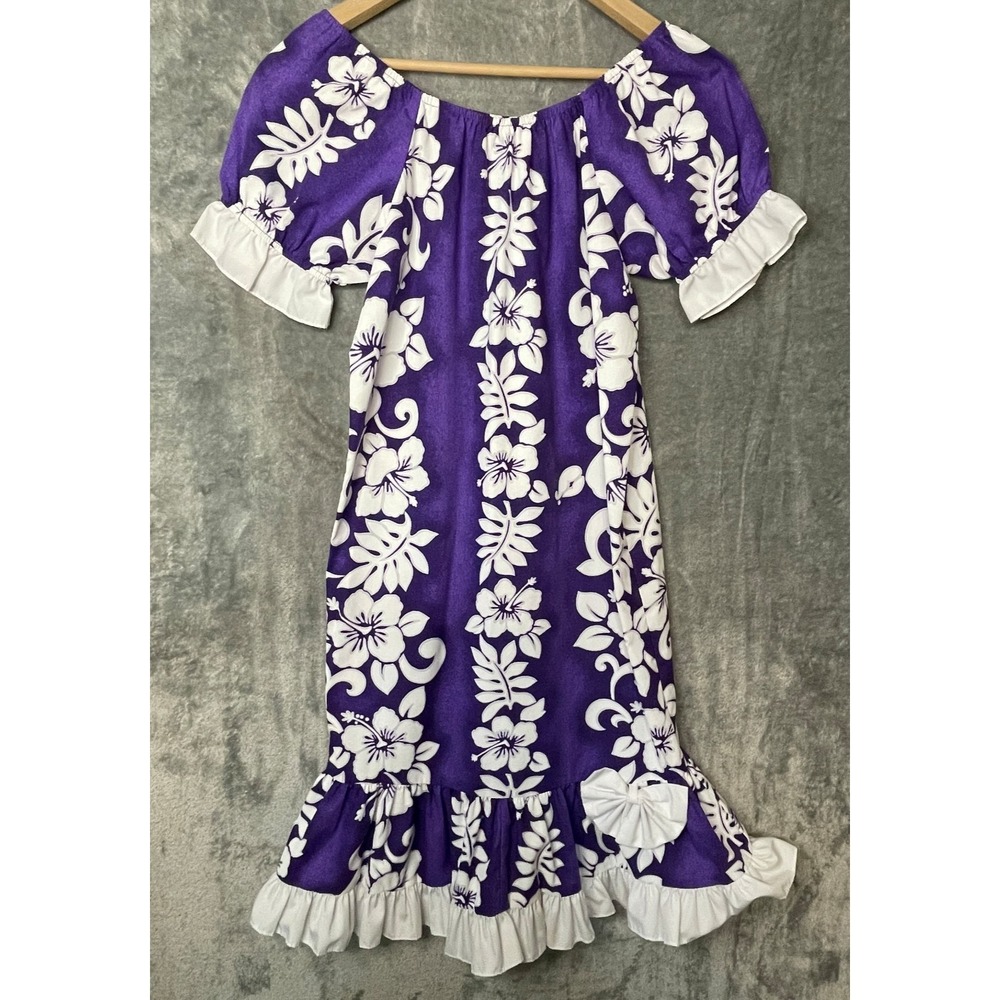 Royal Creations Hawaii Dress Size 12 Purple Floral Bow Ruffle VTG USA Runs Small